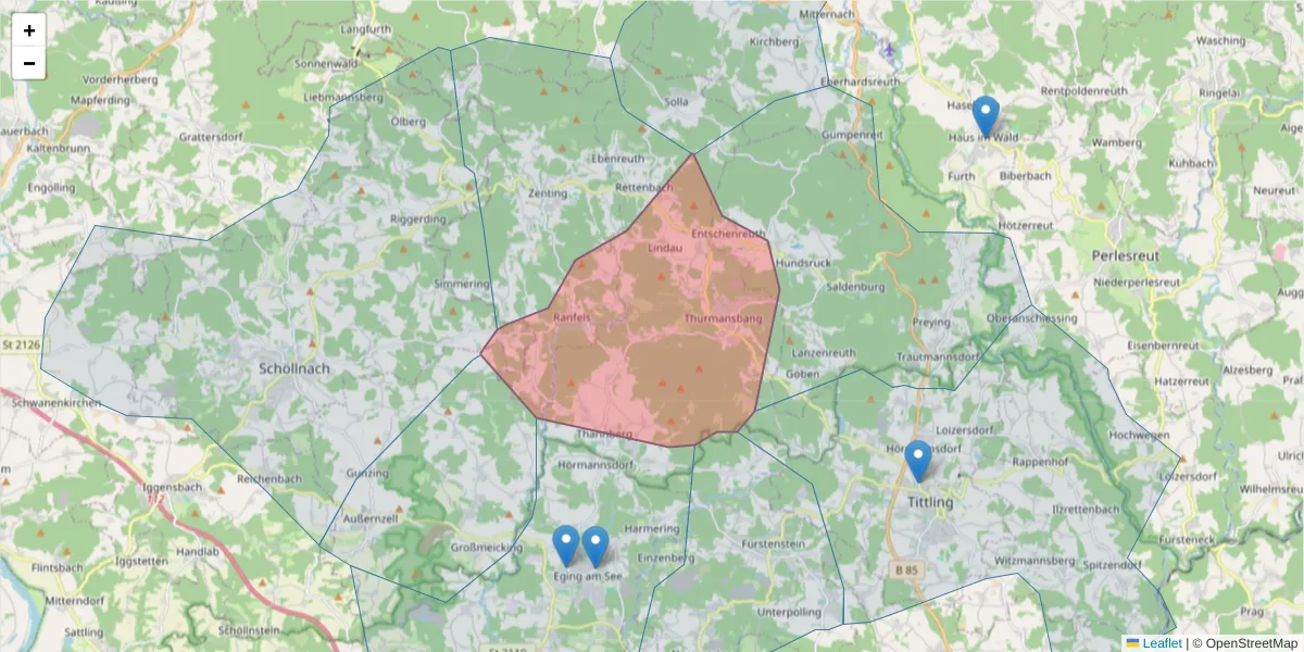 Karte des Postleitzahlen Bereichs  und der umliegenden Postleitzahlen in Deutschland
