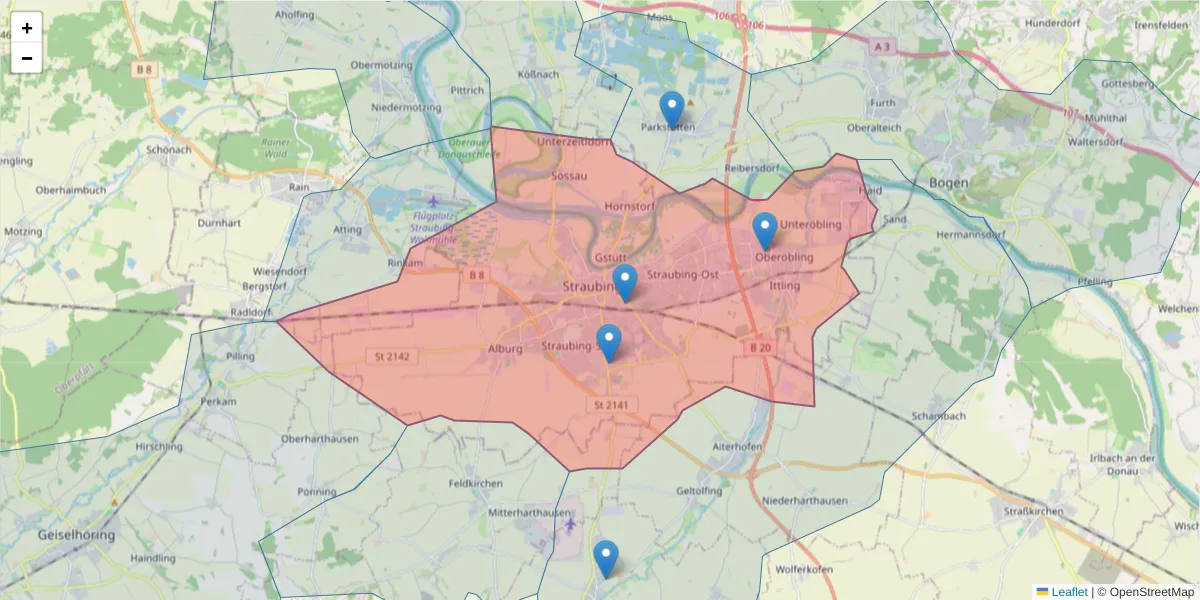 Karte des Postleitzahlen Bereichs  und der umliegenden Postleitzahlen in Deutschland