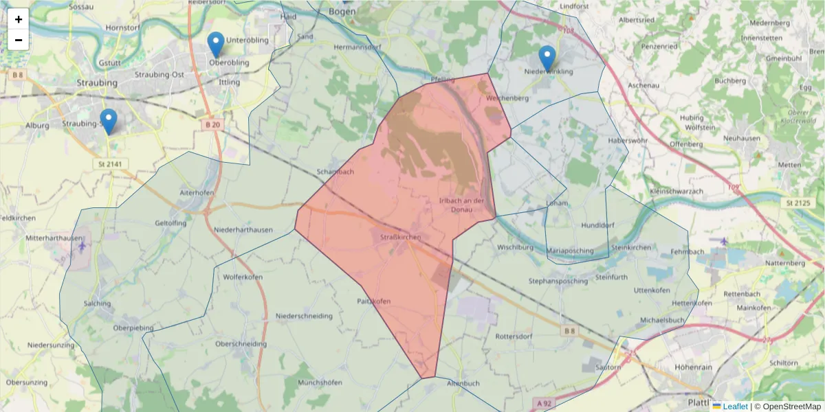 Karte des Postleitzahlen Bereichs  und der umliegenden Postleitzahlen in Deutschland