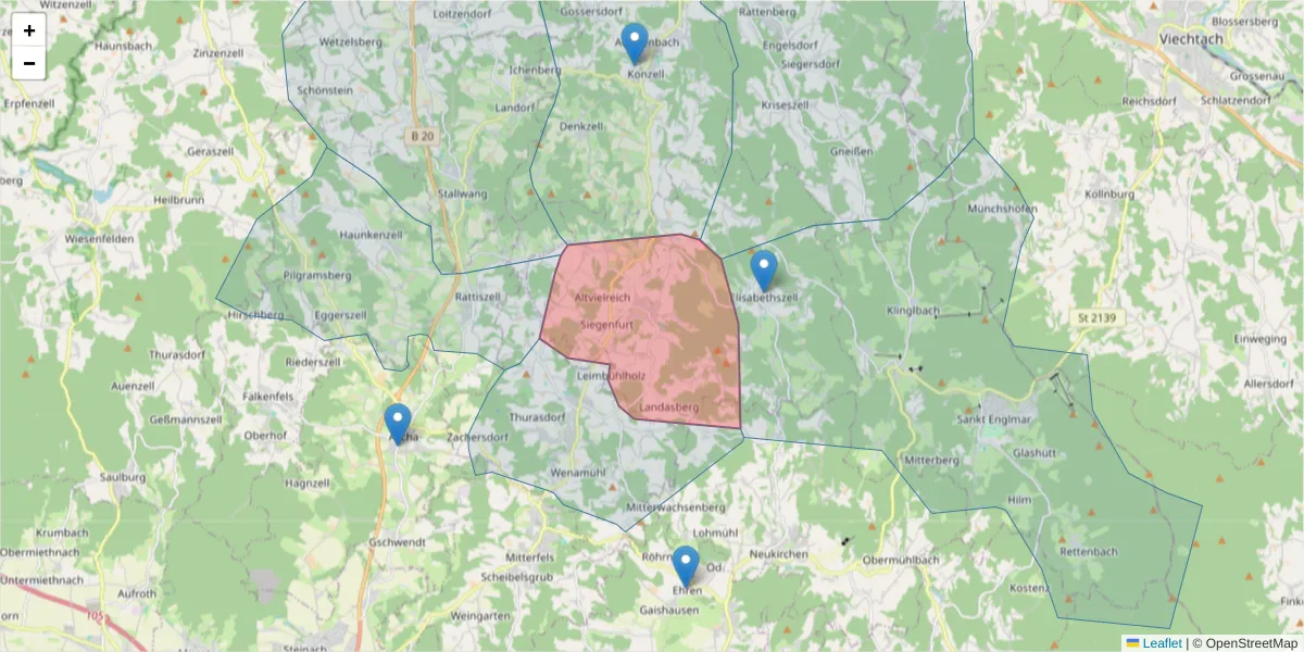 Karte des Postleitzahlen Bereichs  und der umliegenden Postleitzahlen in Deutschland