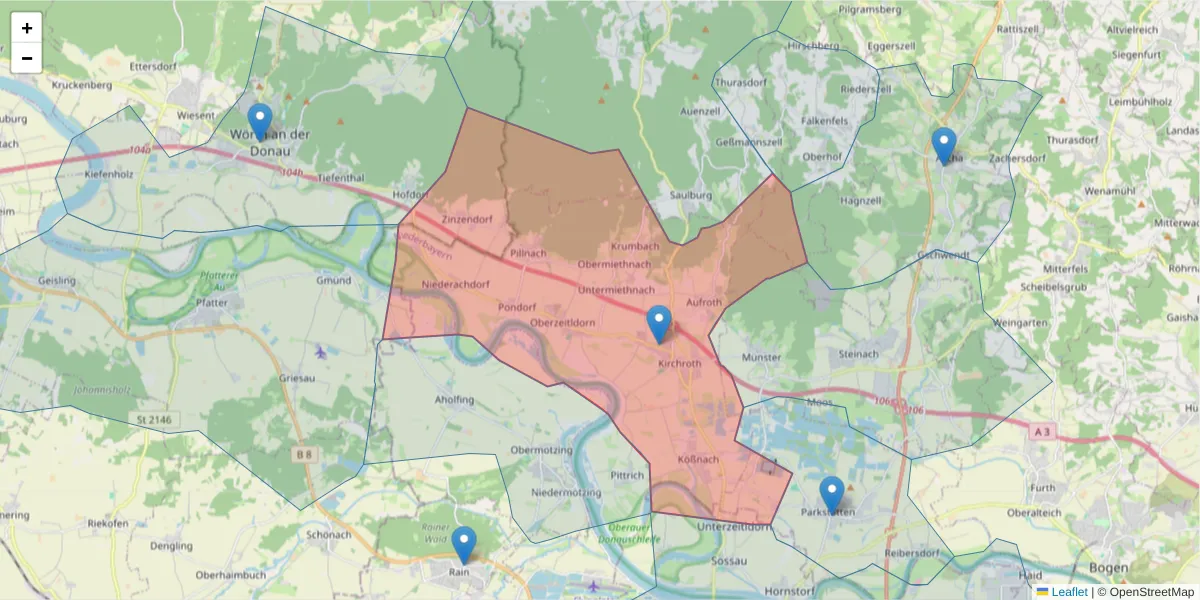 Karte des Postleitzahlen Bereichs  und der umliegenden Postleitzahlen in Deutschland