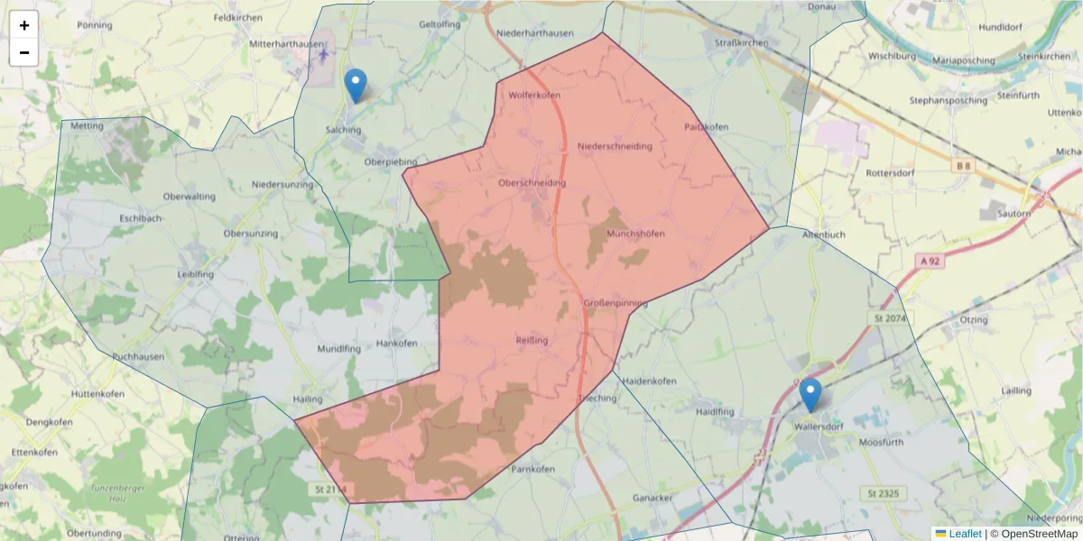 Karte des Postleitzahlen Bereichs  und der umliegenden Postleitzahlen in Deutschland