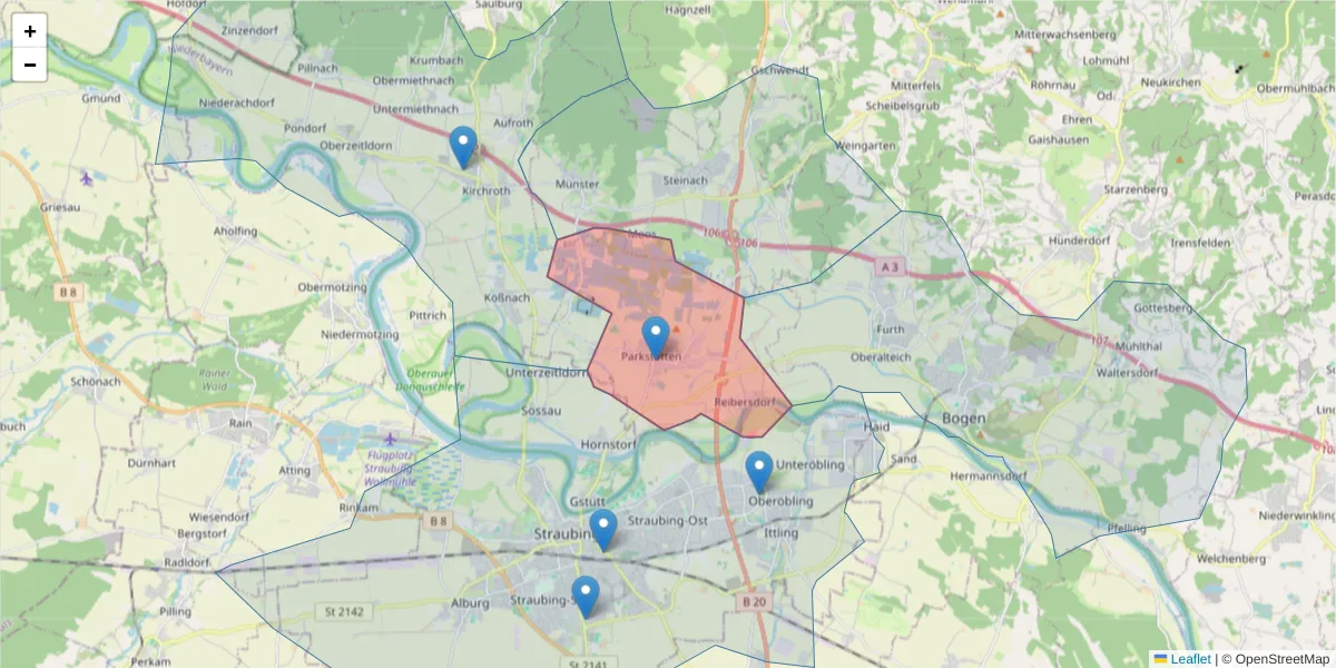 Karte des Postleitzahlen Bereichs  und der umliegenden Postleitzahlen in Deutschland