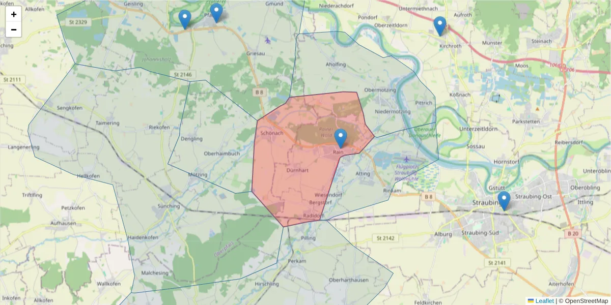 Karte des Postleitzahlen Bereichs  und der umliegenden Postleitzahlen in Deutschland