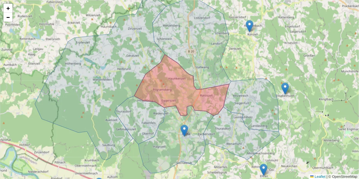 Karte des Postleitzahlen Bereichs  und der umliegenden Postleitzahlen in Deutschland