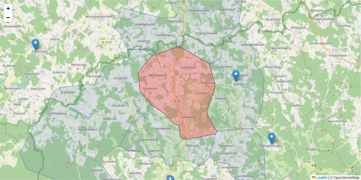 Karte des Postleitzahlen Bereichs  und der umliegenden Postleitzahlen in Deutschland