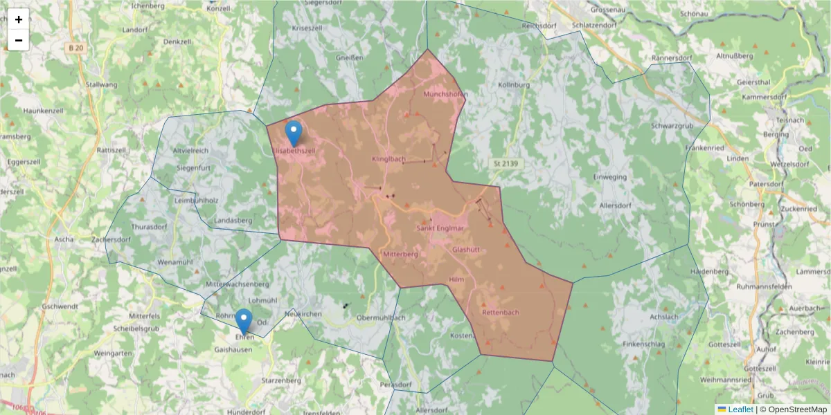 Karte des Postleitzahlen Bereichs  und der umliegenden Postleitzahlen in Deutschland