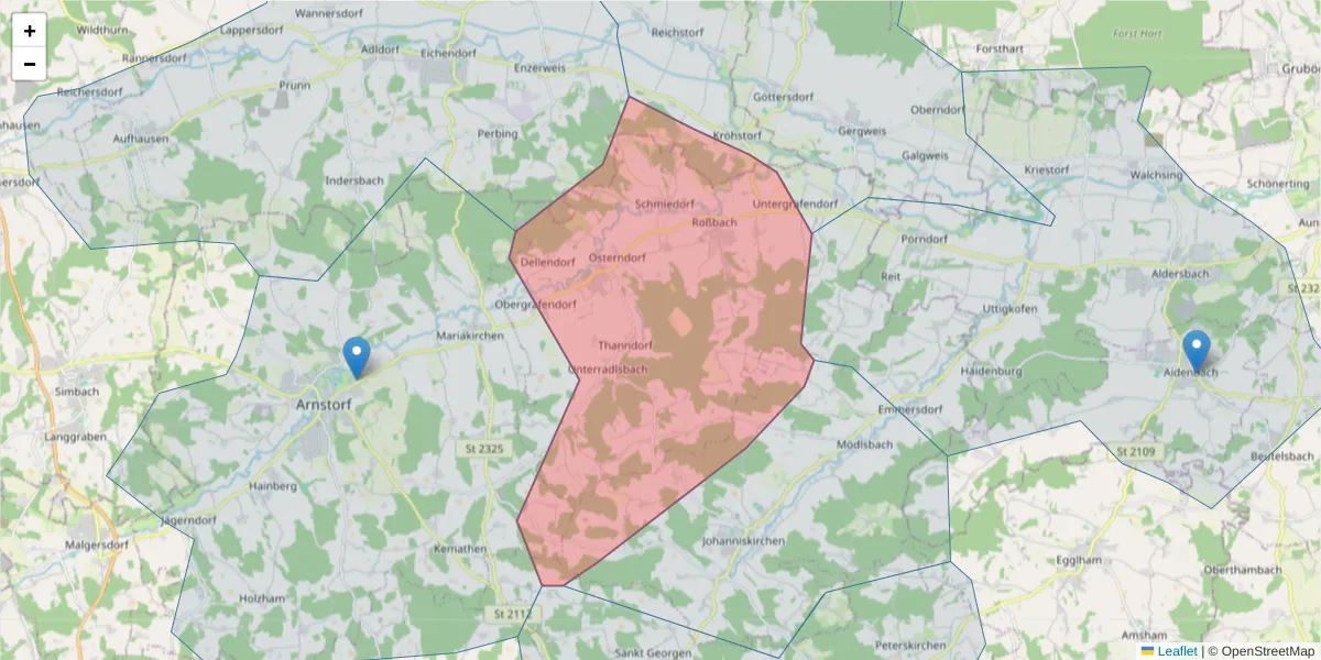 Karte des Postleitzahlen Bereichs  und der umliegenden Postleitzahlen in Deutschland