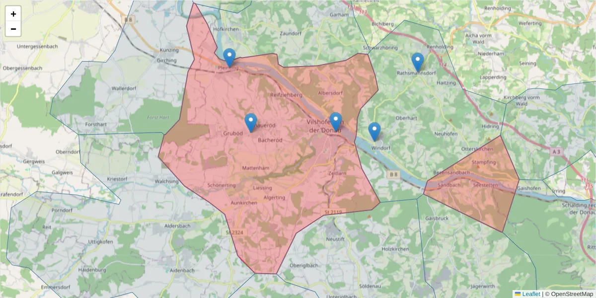 Karte des Postleitzahlen Bereichs  und der umliegenden Postleitzahlen in Deutschland
