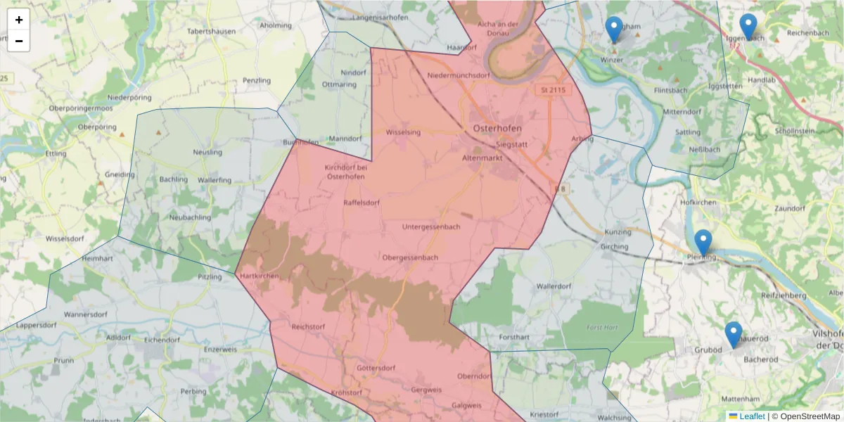 Karte des Postleitzahlen Bereichs  und der umliegenden Postleitzahlen in Deutschland
