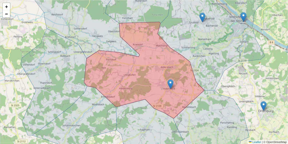 Karte des Postleitzahlen Bereichs  und der umliegenden Postleitzahlen in Deutschland