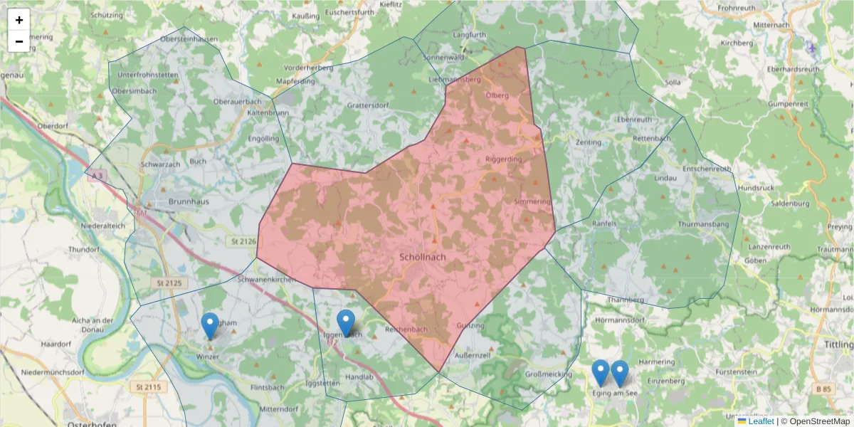 Karte des Postleitzahlen Bereichs  und der umliegenden Postleitzahlen in Deutschland