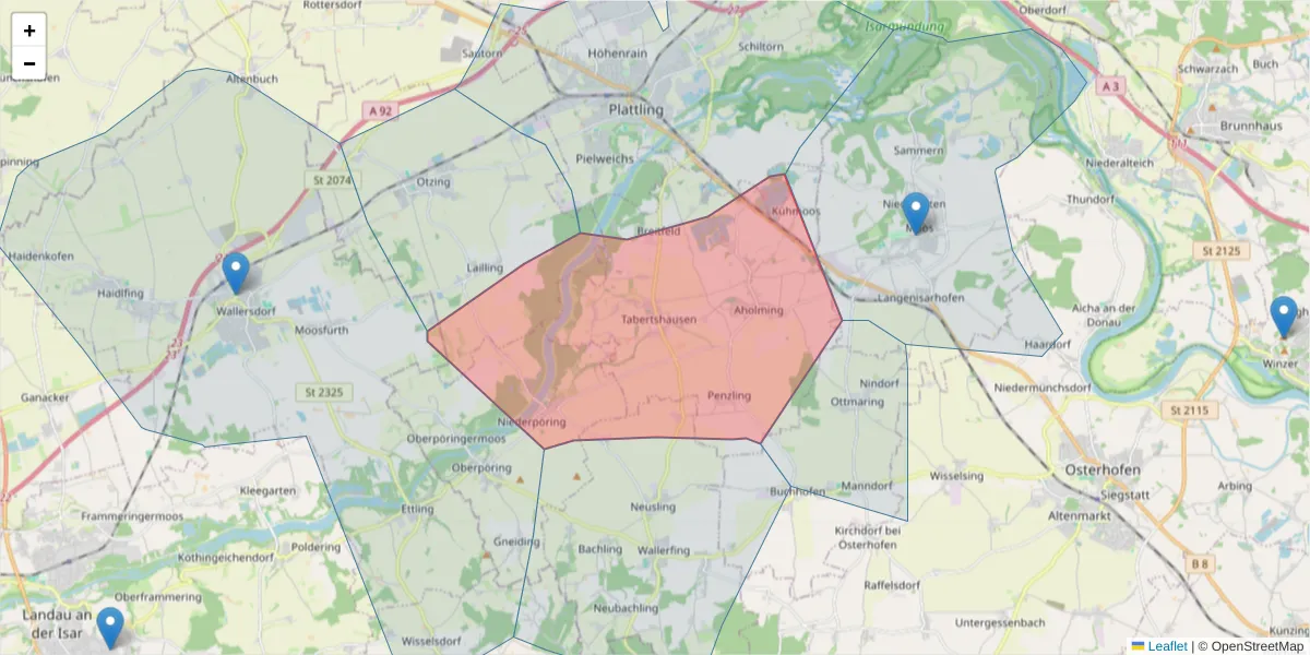 Karte des Postleitzahlen Bereichs  und der umliegenden Postleitzahlen in Deutschland