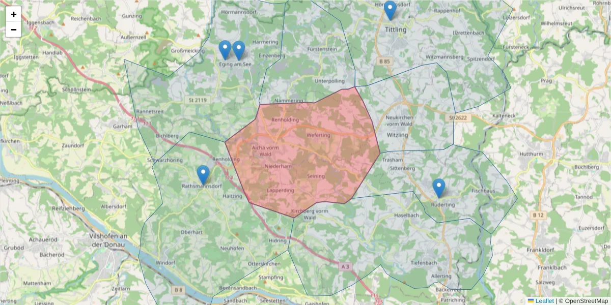 Karte des Postleitzahlen Bereichs  und der umliegenden Postleitzahlen in Deutschland