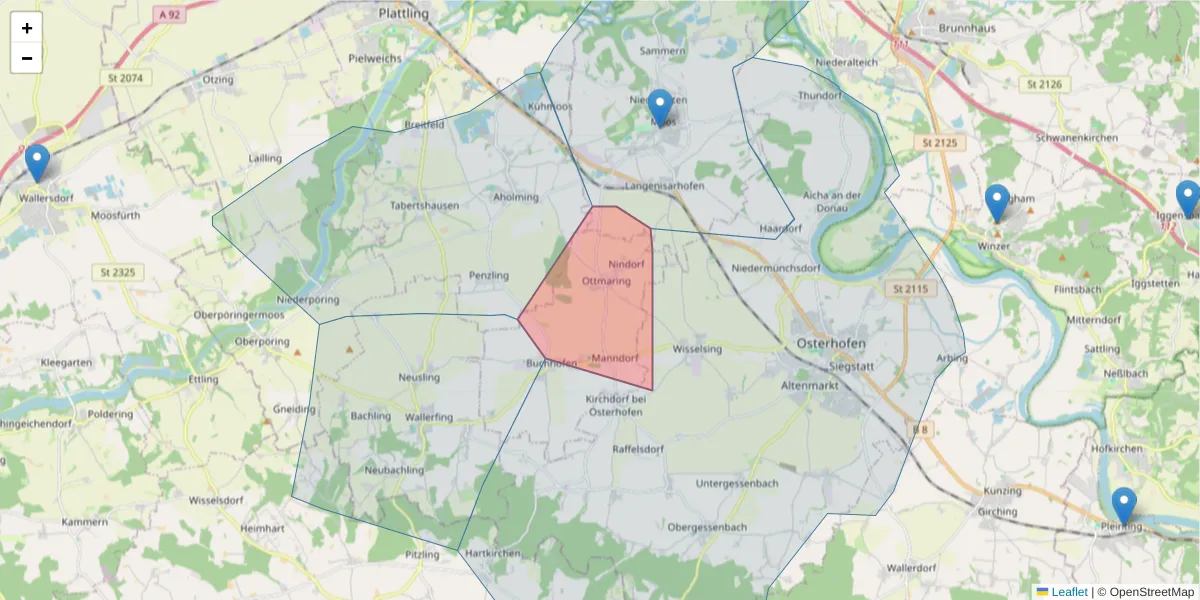 Karte des Postleitzahlen Bereichs  und der umliegenden Postleitzahlen in Deutschland
