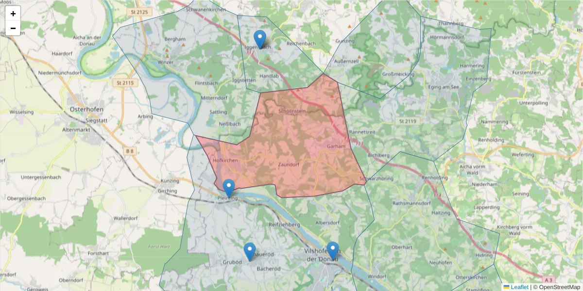 Karte des Postleitzahlen Bereichs  und der umliegenden Postleitzahlen in Deutschland