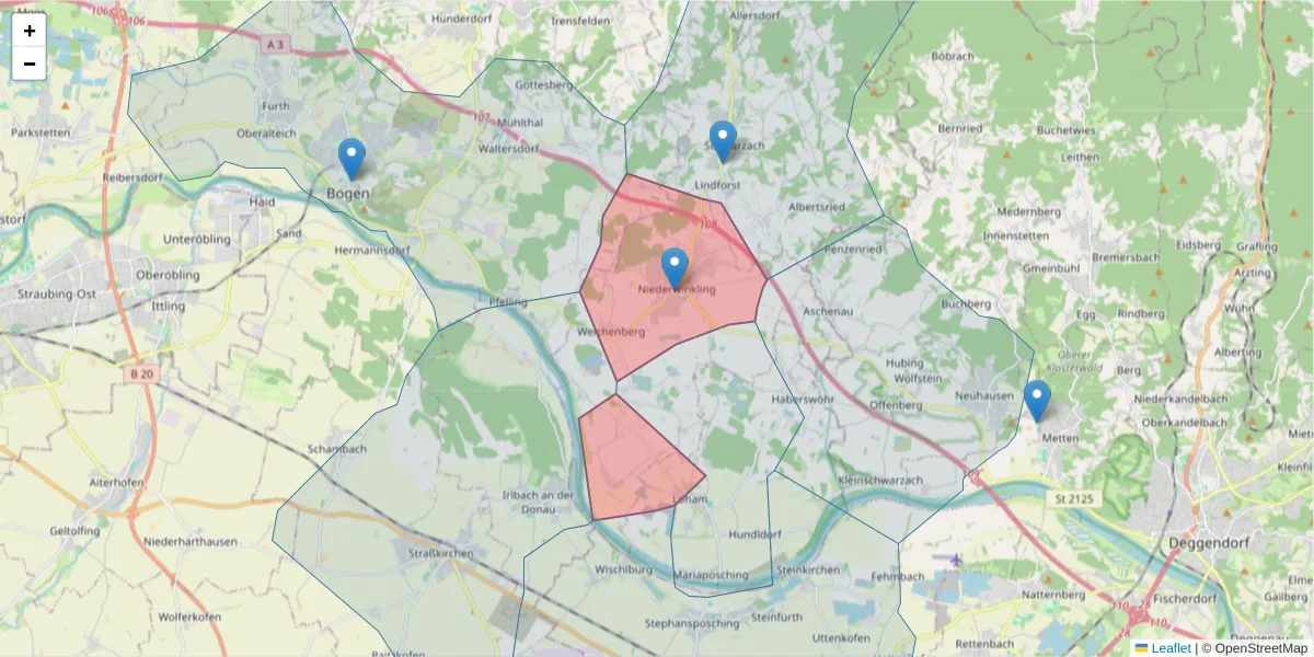 Karte des Postleitzahlen Bereichs  und der umliegenden Postleitzahlen in Deutschland