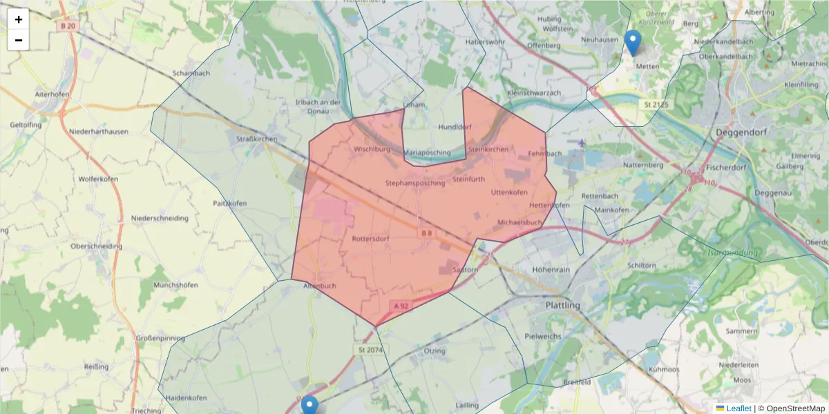 Karte des Postleitzahlen Bereichs  und der umliegenden Postleitzahlen in Deutschland