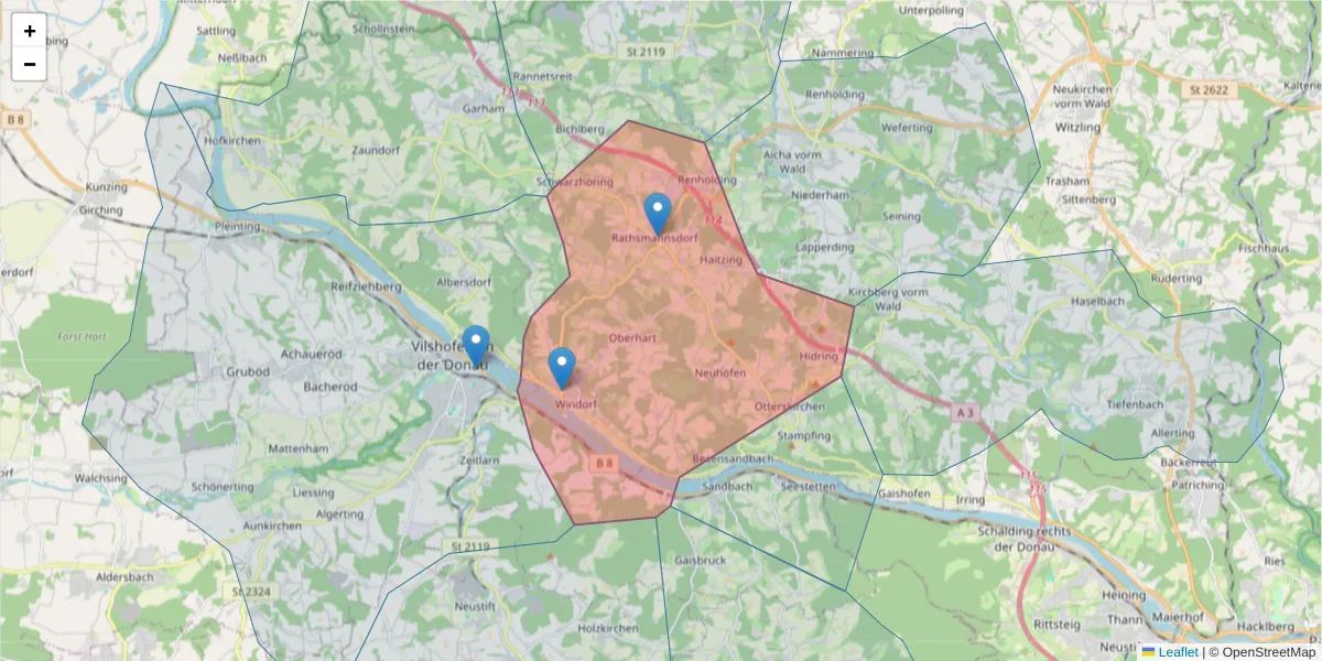 Karte des Postleitzahlen Bereichs  und der umliegenden Postleitzahlen in Deutschland