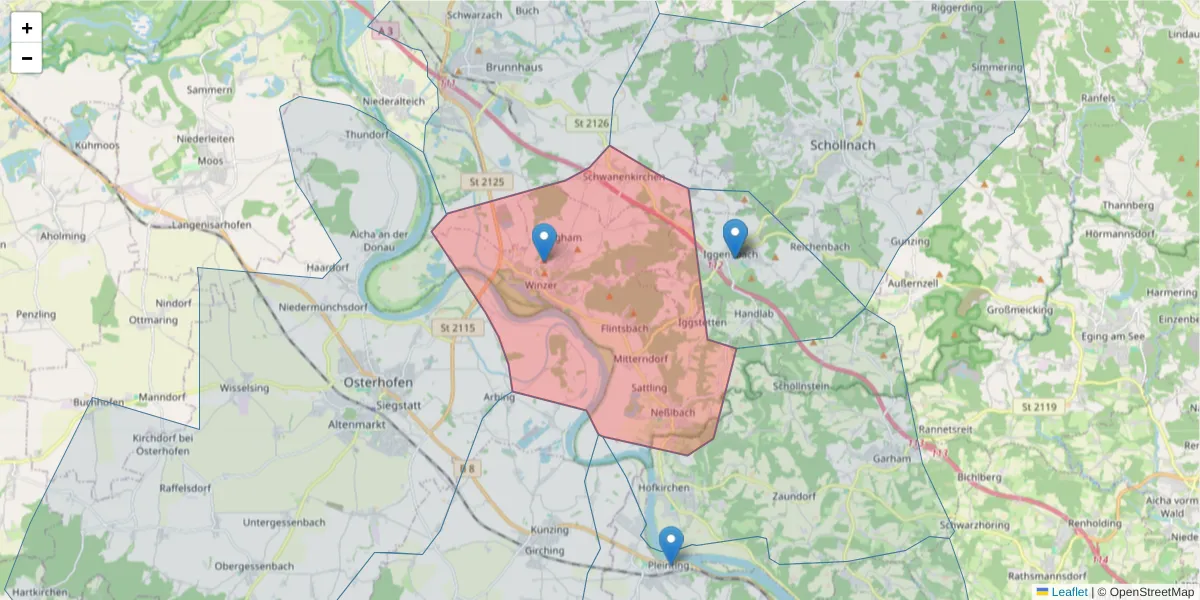 Karte des Postleitzahlen Bereichs  und der umliegenden Postleitzahlen in Deutschland