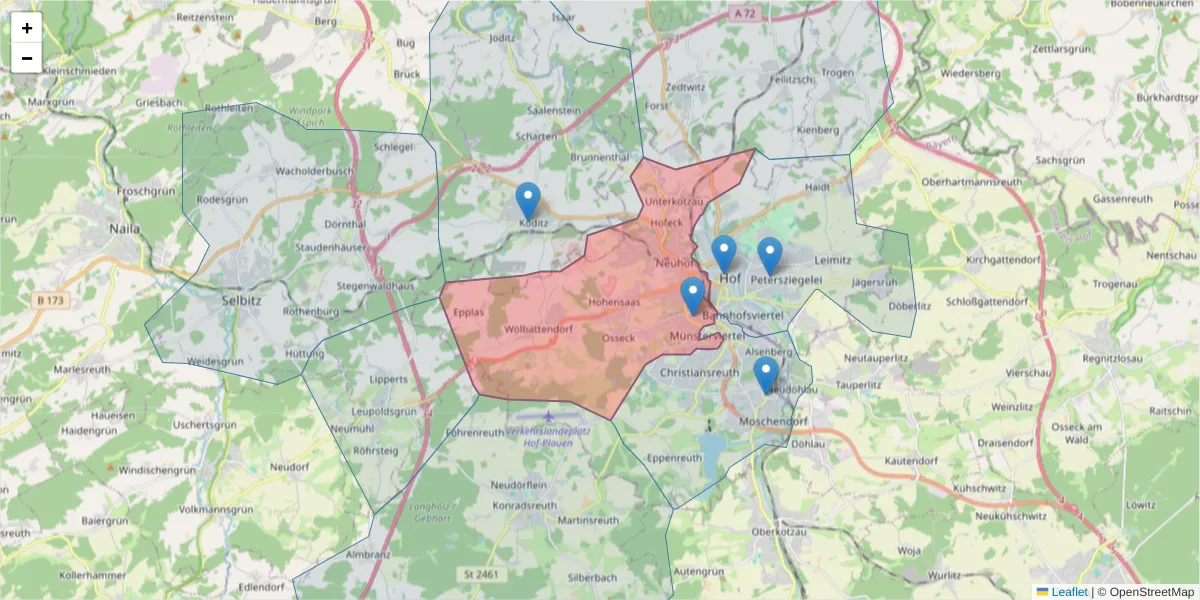 Karte des Postleitzahlen Bereichs  und der umliegenden Postleitzahlen in Deutschland