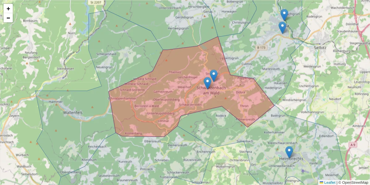 Karte des Postleitzahlen Bereichs  und der umliegenden Postleitzahlen in Deutschland