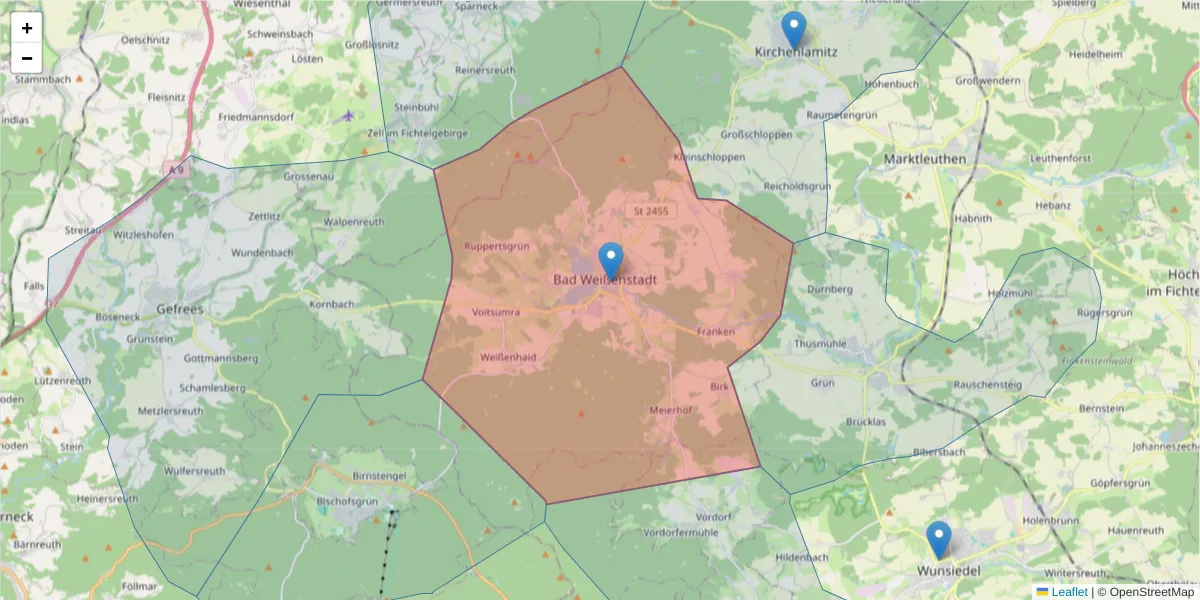 Karte des Postleitzahlen Bereichs  und der umliegenden Postleitzahlen in Deutschland