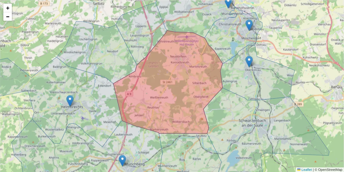 Karte des Postleitzahlen Bereichs  und der umliegenden Postleitzahlen in Deutschland