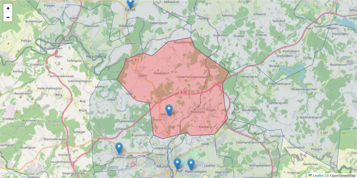 Karte des Postleitzahlen Bereichs  und der umliegenden Postleitzahlen in Deutschland
