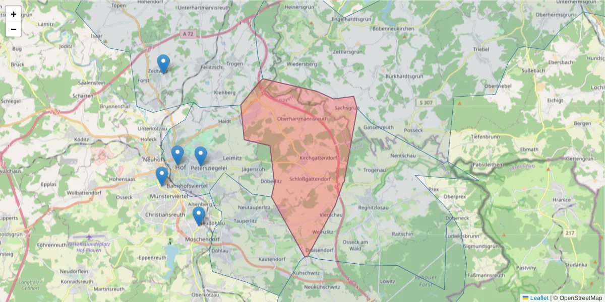 Karte des Postleitzahlen Bereichs  und der umliegenden Postleitzahlen in Deutschland