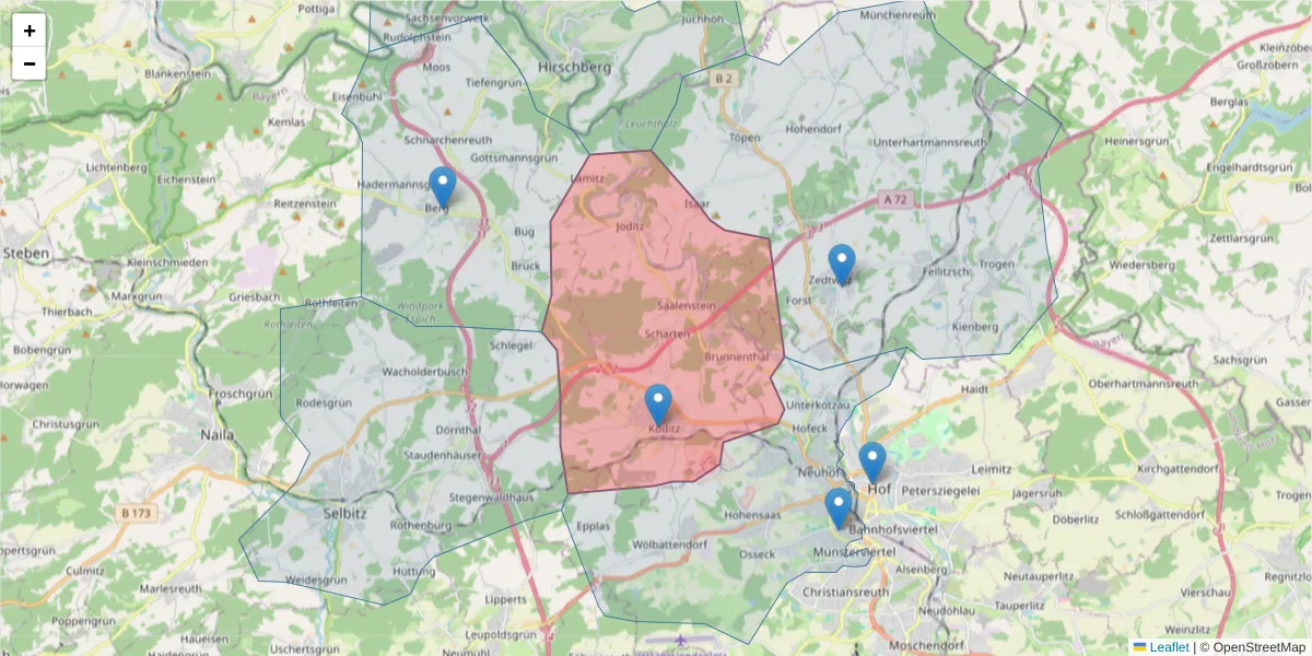 Karte des Postleitzahlen Bereichs  und der umliegenden Postleitzahlen in Deutschland