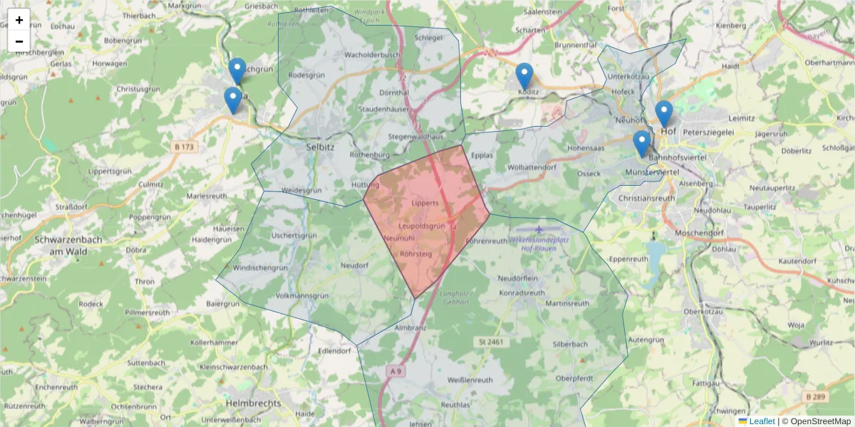 Karte des Postleitzahlen Bereichs  und der umliegenden Postleitzahlen in Deutschland