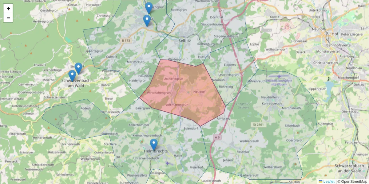 Karte des Postleitzahlen Bereichs  und der umliegenden Postleitzahlen in Deutschland