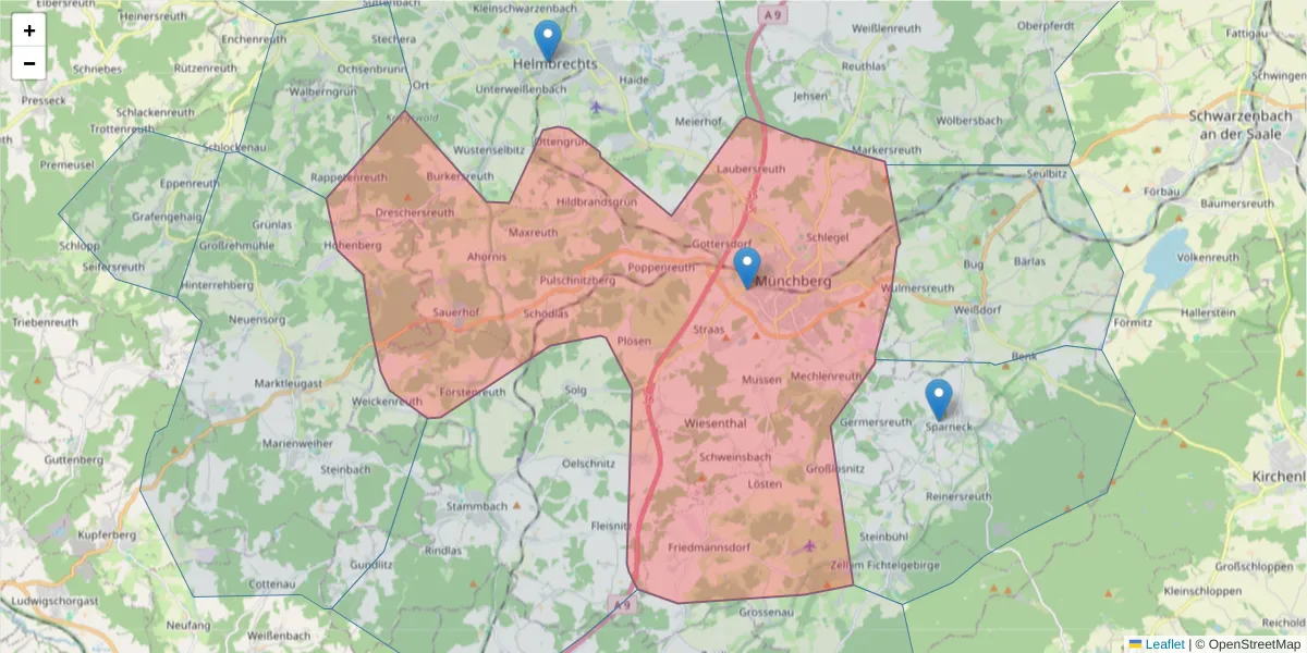 Karte des Postleitzahlen Bereichs  und der umliegenden Postleitzahlen in Deutschland