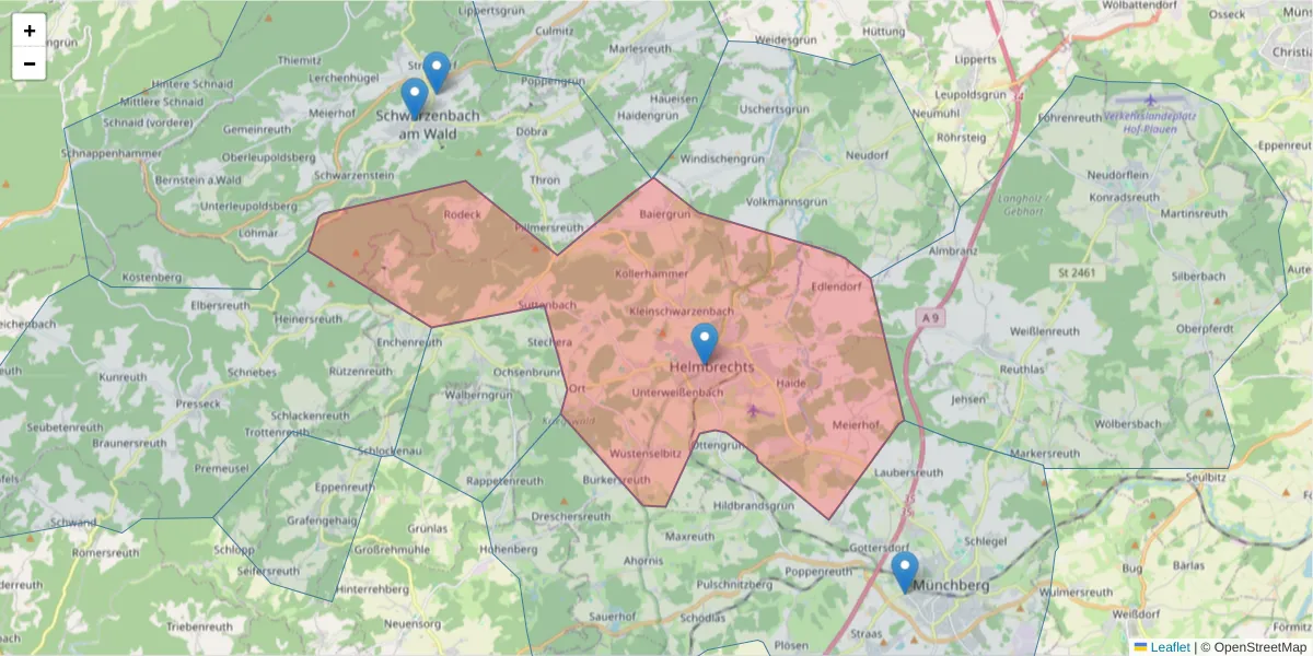 Karte des Postleitzahlen Bereichs  und der umliegenden Postleitzahlen in Deutschland