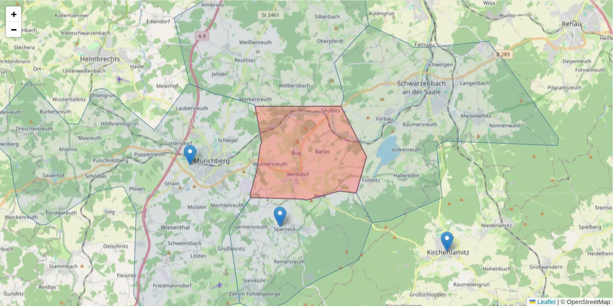 Karte des Postleitzahlen Bereichs  und der umliegenden Postleitzahlen in Deutschland