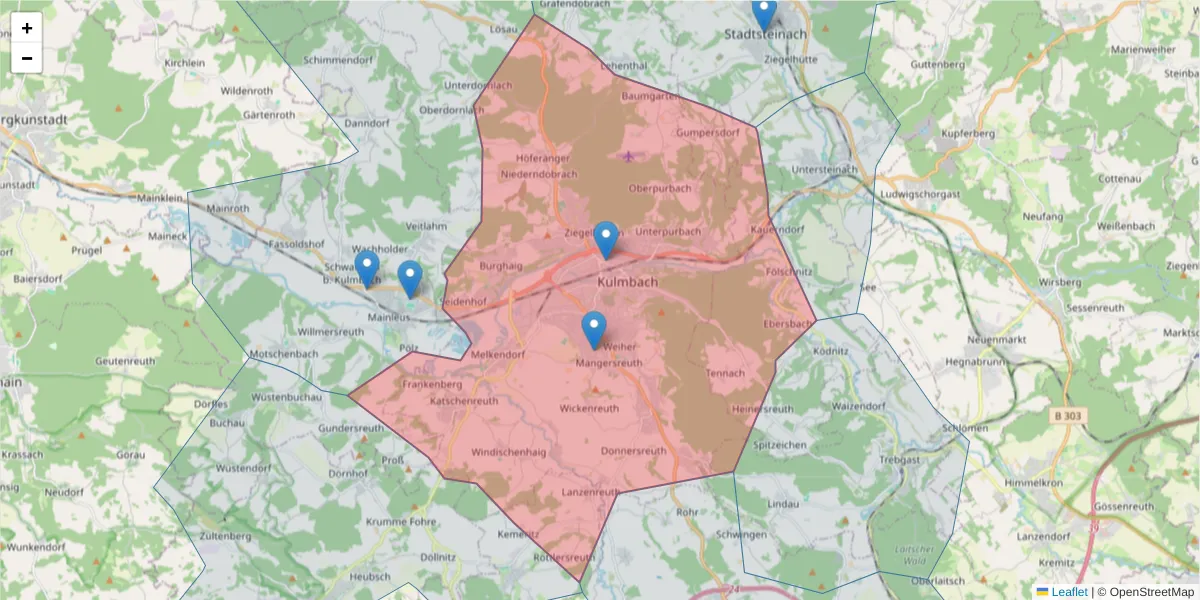 Karte des Postleitzahlen Bereichs  und der umliegenden Postleitzahlen in Deutschland