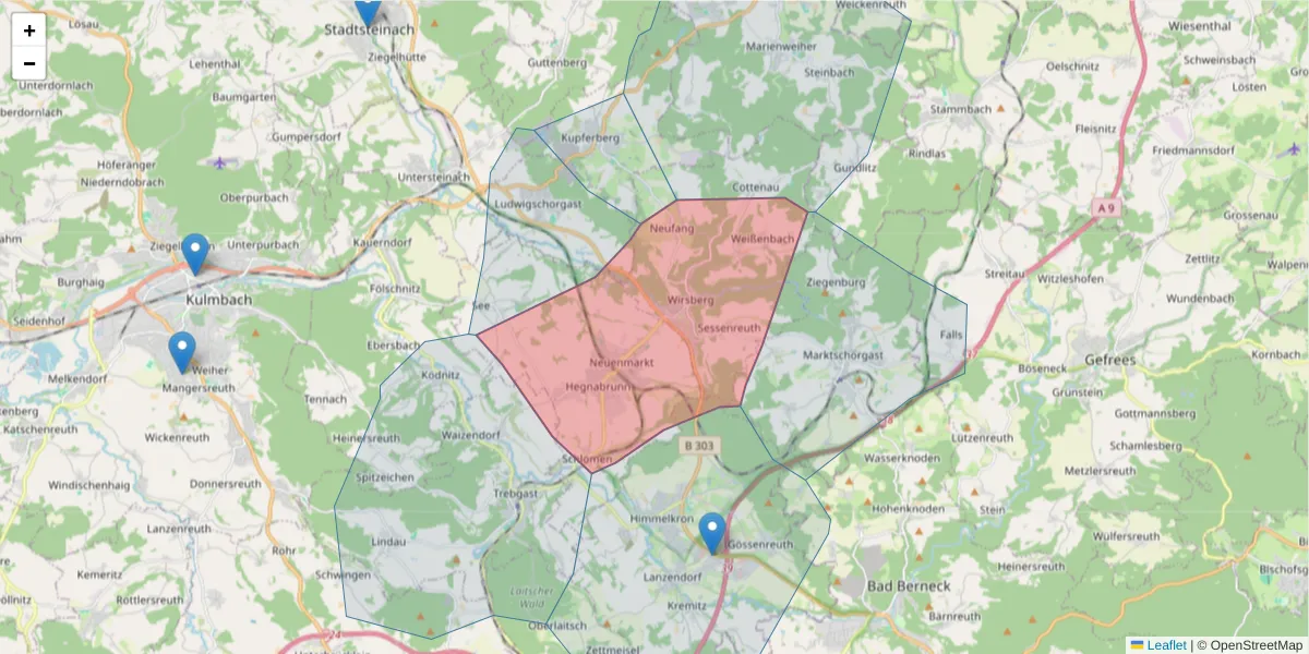 Karte des Postleitzahlen Bereichs  und der umliegenden Postleitzahlen in Deutschland