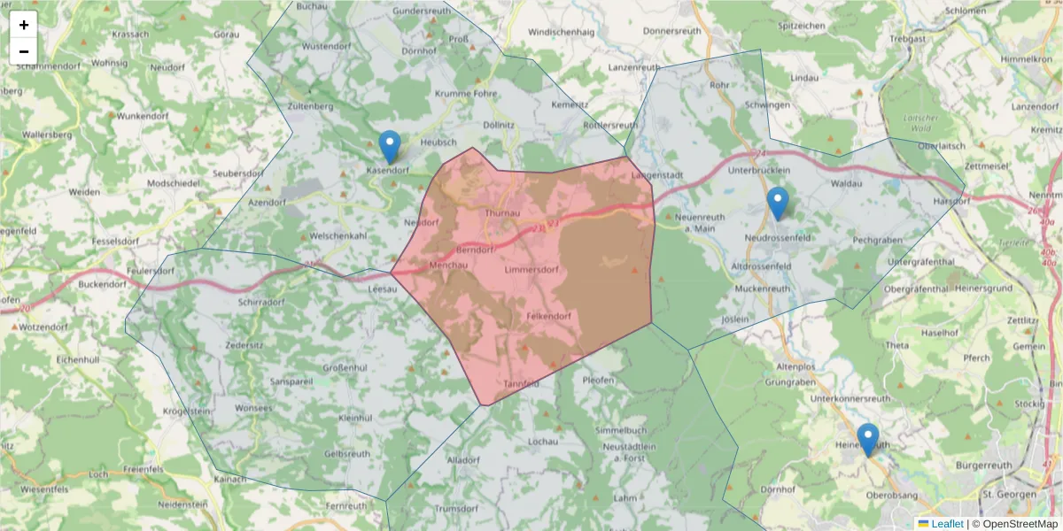 Karte des Postleitzahlen Bereichs  und der umliegenden Postleitzahlen in Deutschland