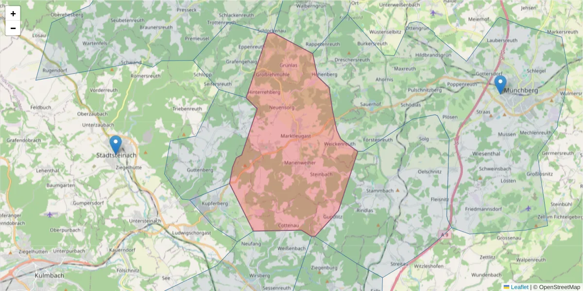 Karte des Postleitzahlen Bereichs  und der umliegenden Postleitzahlen in Deutschland