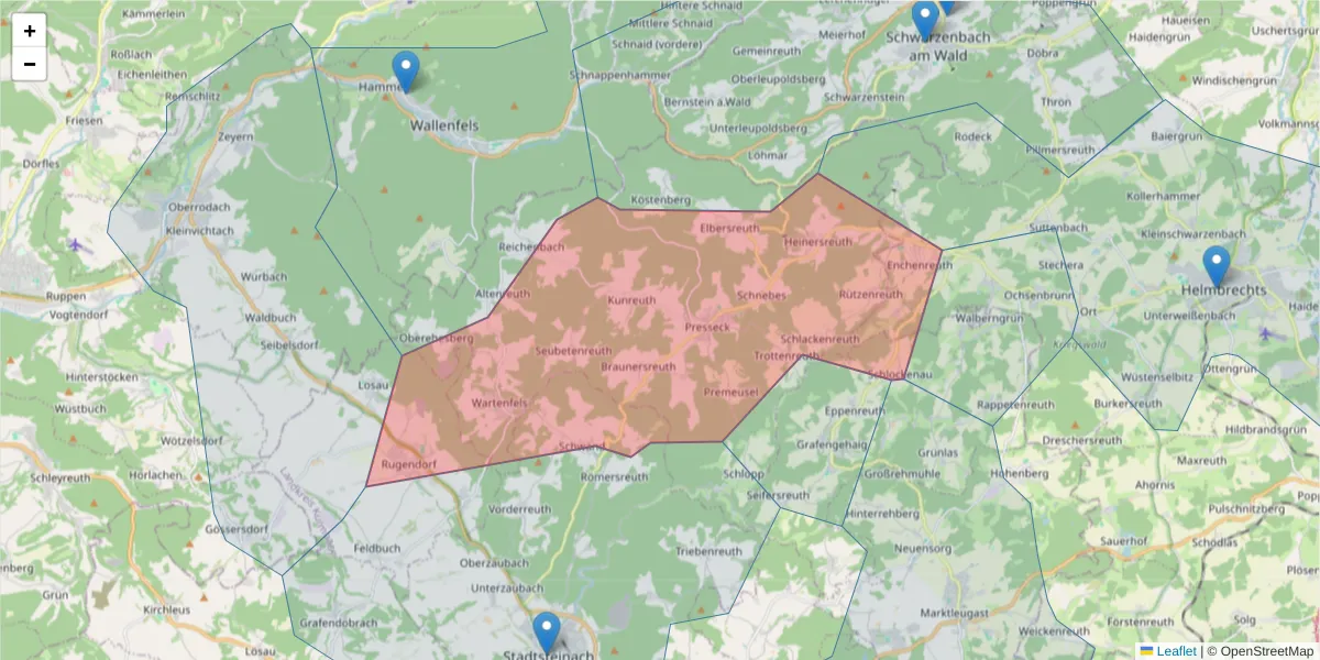 Karte des Postleitzahlen Bereichs  und der umliegenden Postleitzahlen in Deutschland