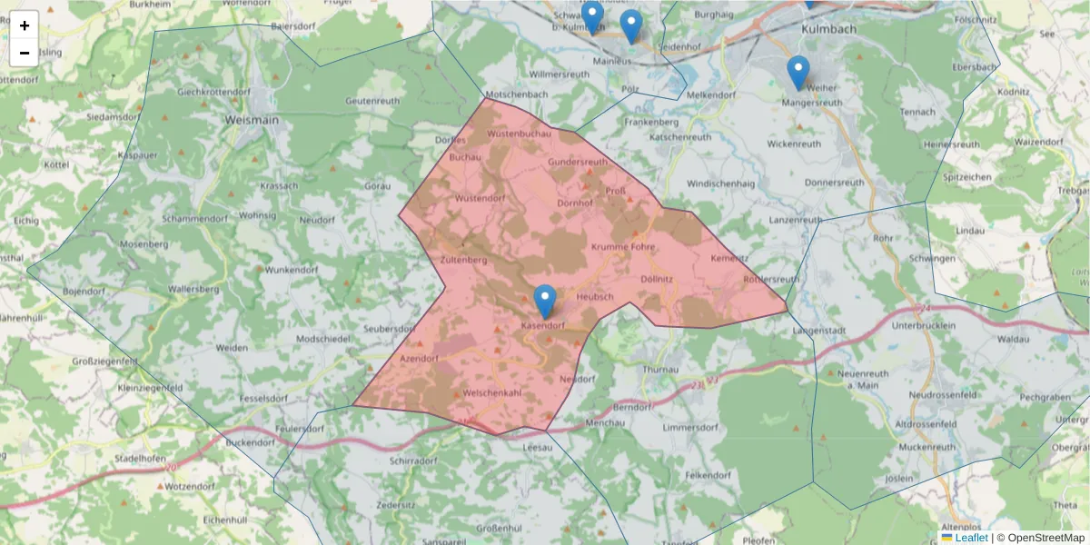 Karte des Postleitzahlen Bereichs  und der umliegenden Postleitzahlen in Deutschland