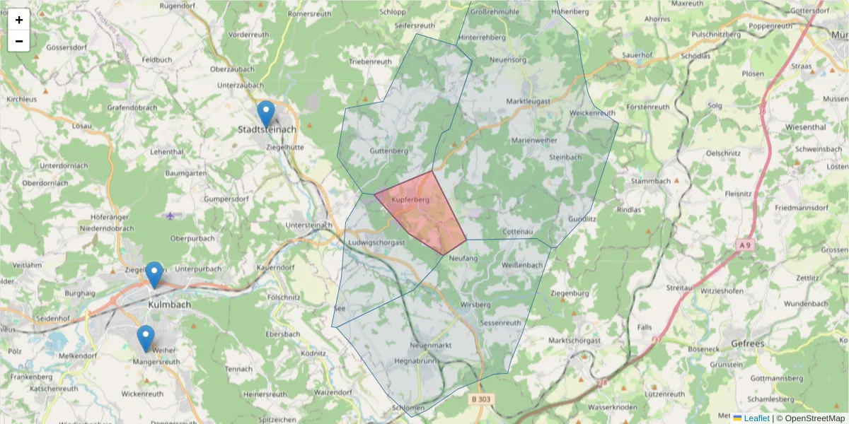 Karte des Postleitzahlen Bereichs  und der umliegenden Postleitzahlen in Deutschland