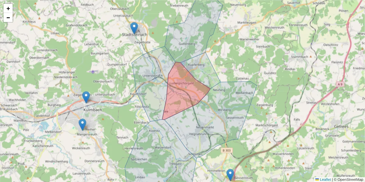 Karte des Postleitzahlen Bereichs  und der umliegenden Postleitzahlen in Deutschland