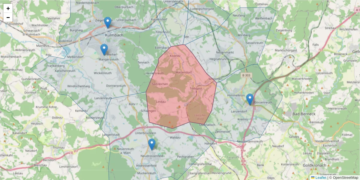 Karte des Postleitzahlen Bereichs  und der umliegenden Postleitzahlen in Deutschland