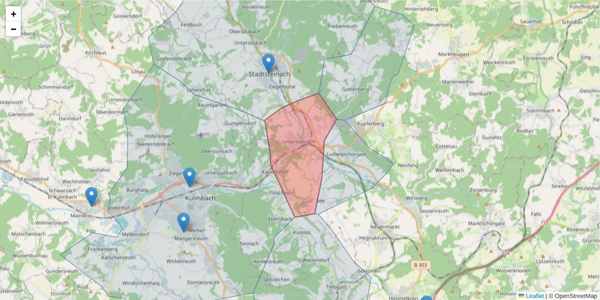 Karte des Postleitzahlen Bereichs  und der umliegenden Postleitzahlen in Deutschland
