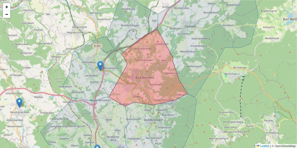 Karte des Postleitzahlen Bereichs  und der umliegenden Postleitzahlen in Deutschland