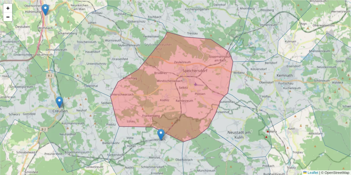 Karte des Postleitzahlen Bereichs  und der umliegenden Postleitzahlen in Deutschland