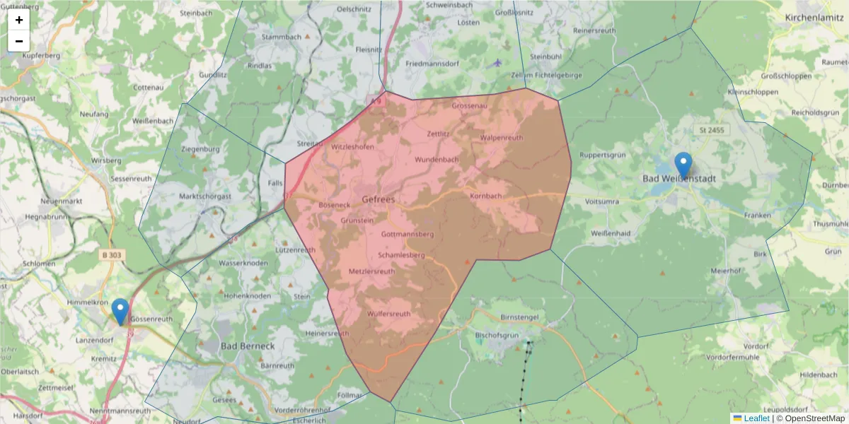 Karte des Postleitzahlen Bereichs  und der umliegenden Postleitzahlen in Deutschland