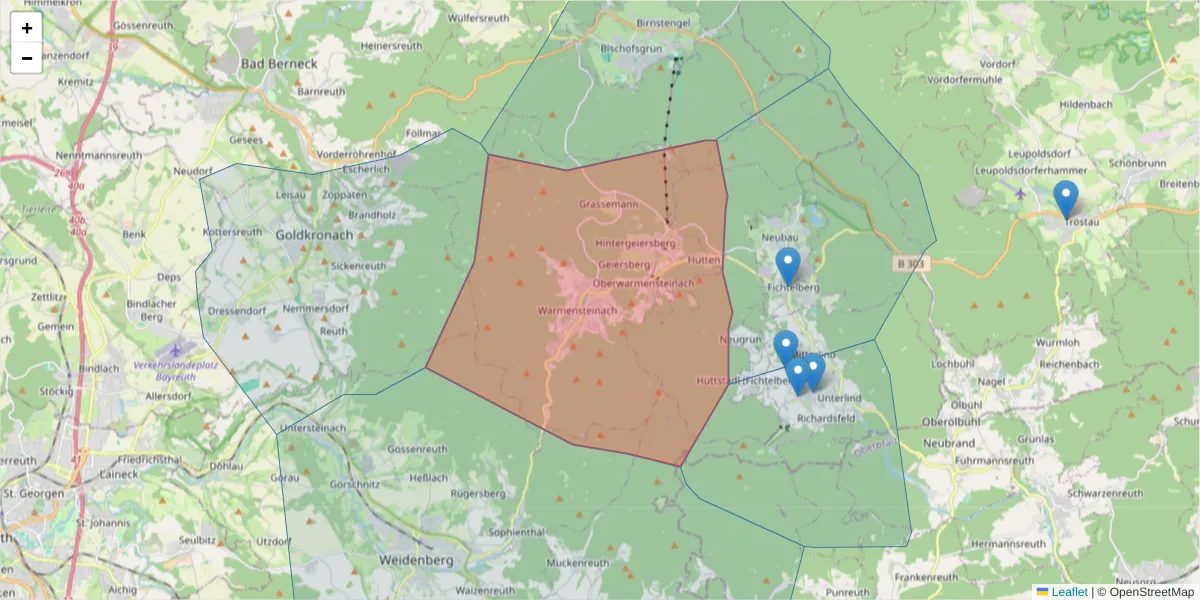 Karte des Postleitzahlen Bereichs  und der umliegenden Postleitzahlen in Deutschland